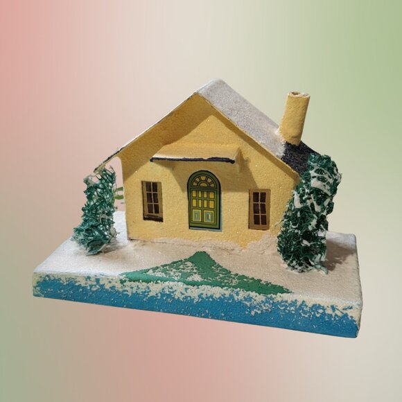 Vintage 1950s Christmas Japanese Putz House Yellow Cardboard Cottage - Picture 1 of 4